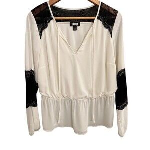 Thalia Sodi Blouse Womens Size L Ivory V-Neck Long Sleeve Lace Trim Peplum